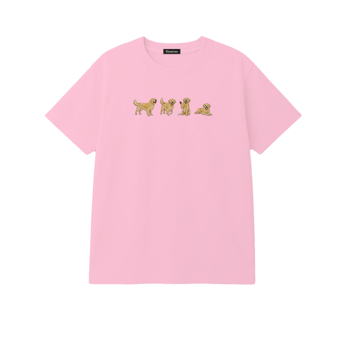 Custom Name Golden Retriever Four Poses embroidered t-shirt in Light Pink — chest embroidery