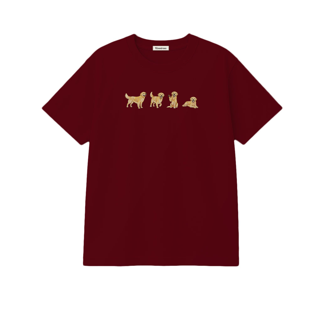 Custom Name Golden Retriever Four Poses embroidered t-shirt in Marron — chest embroidery