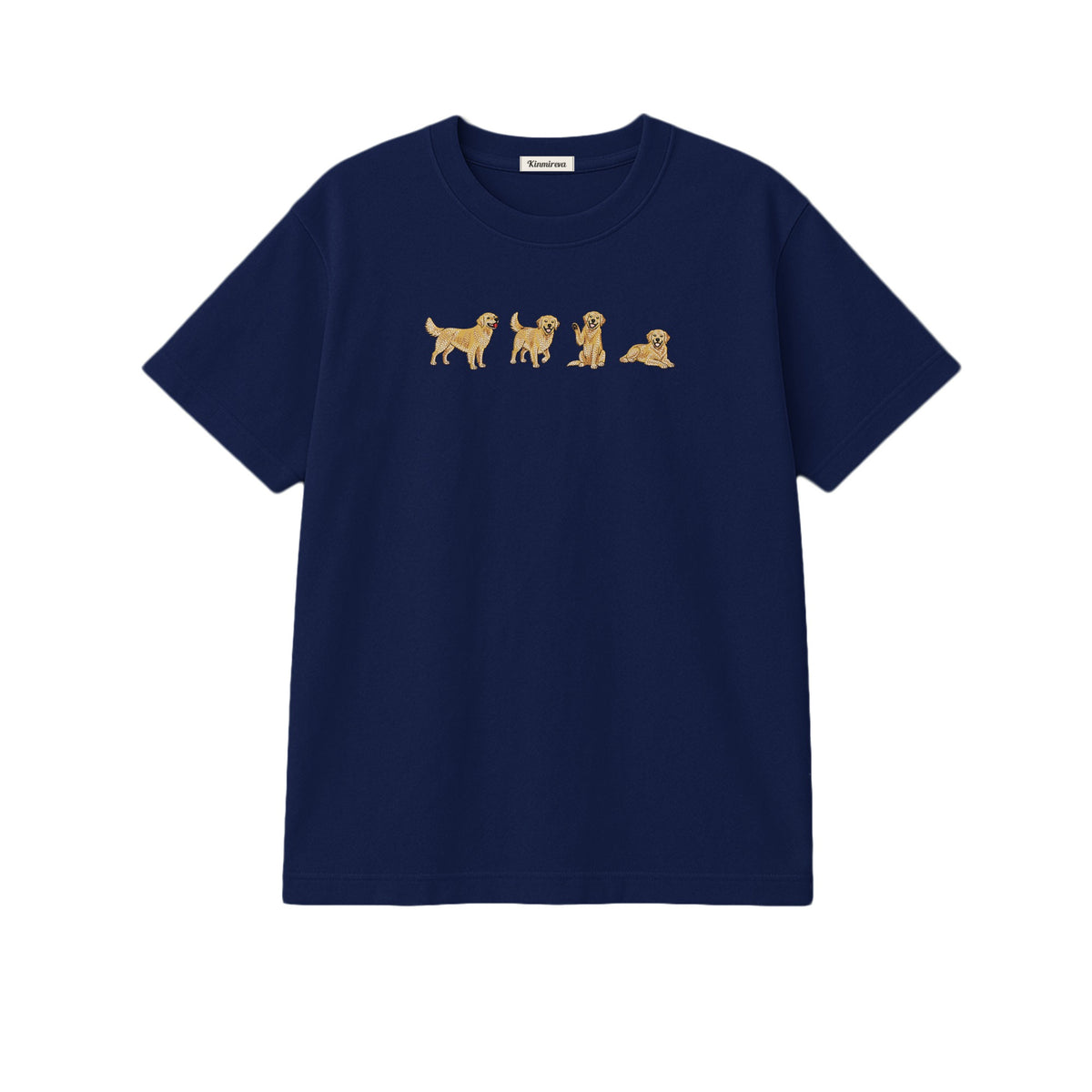 Custom Name Golden Retriever Four Poses embroidered t-shirt in Navy — chest embroidery