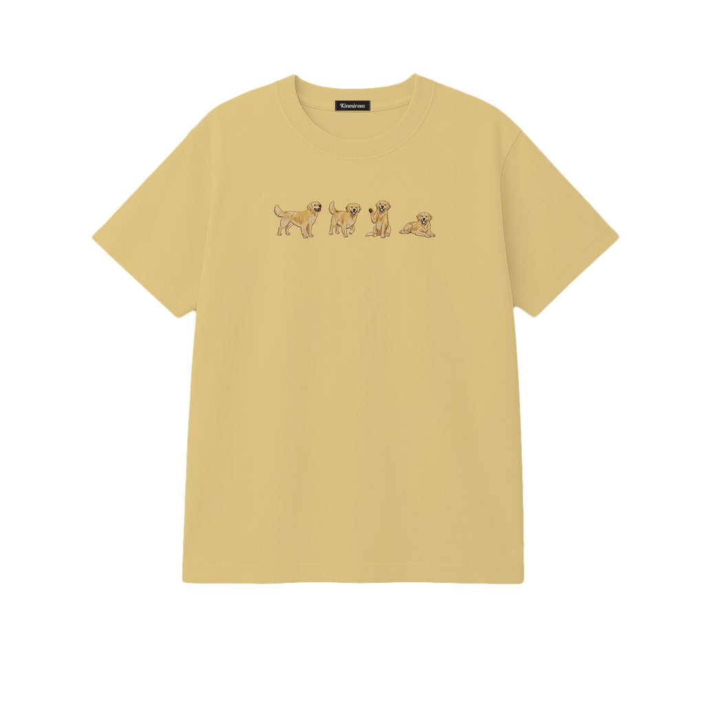 Custom Name Golden Retriever Four Poses embroidered t-shirt in Sand — chest embroidery