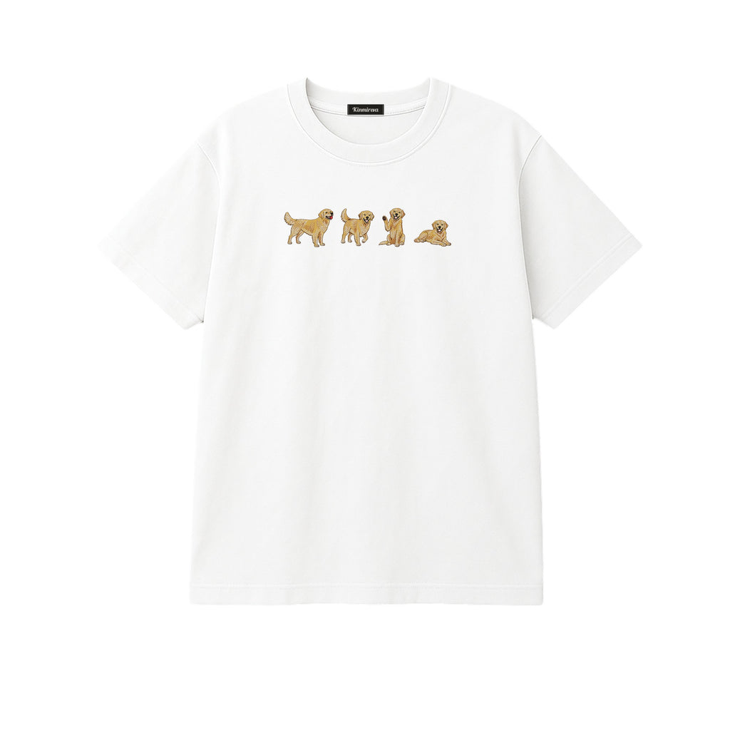 Custom Name Golden Retriever Four Poses embroidered t-shirt in White — chest embroidery