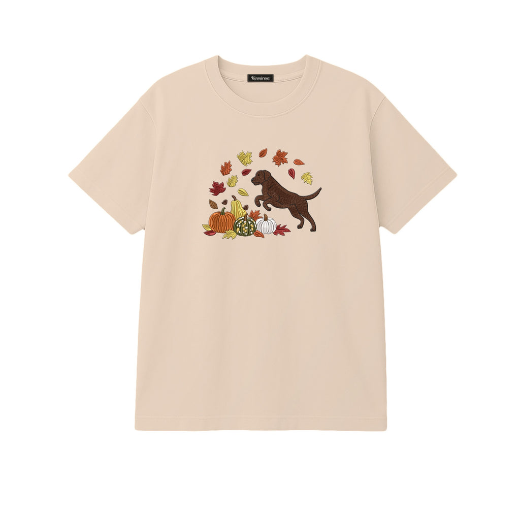 Custom Dog Name Golden Retriever Four Poses Minimal embroidered t-shirt in Beige — chest embroidery