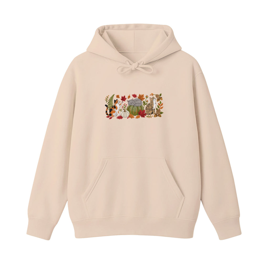 Autumn Cats Pumpkin Patch embroidered hoodie in Beige — chest embroidery