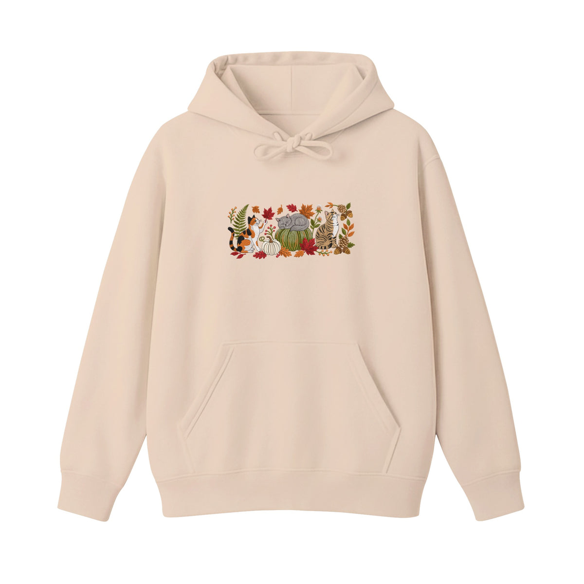 Autumn Cats Pumpkin Patch embroidered hoodie in Beige — chest embroidery