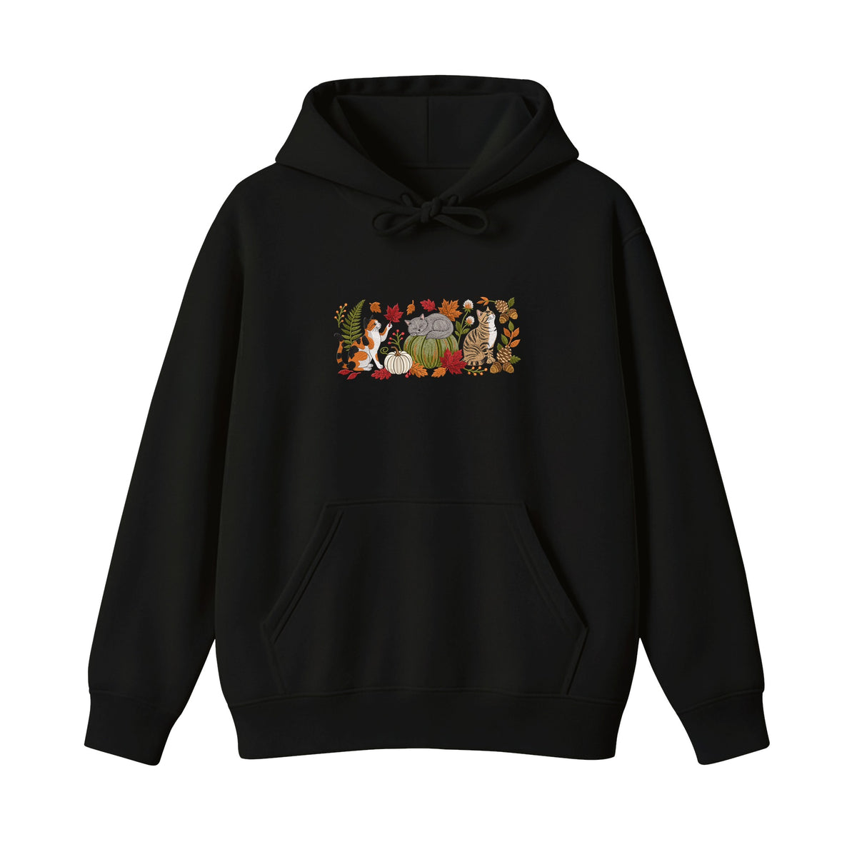 Autumn Cats Pumpkin Patch embroidered hoodie in Black — front view