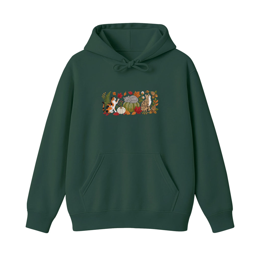 Autumn Cats Pumpkin Patch embroidered hoodie in Forest Green — chest embroidery