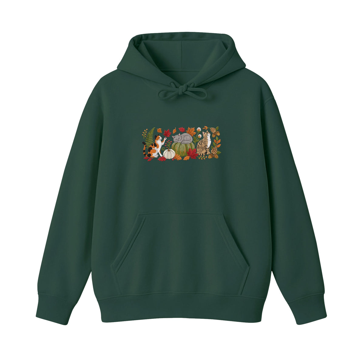 Autumn Cats Pumpkin Patch embroidered hoodie in Forest Green — chest embroidery