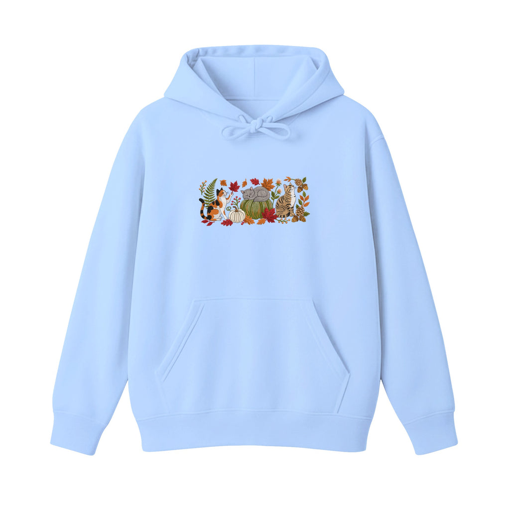 Autumn Cats Pumpkin Patch embroidered hoodie in Light Blue — chest embroidery