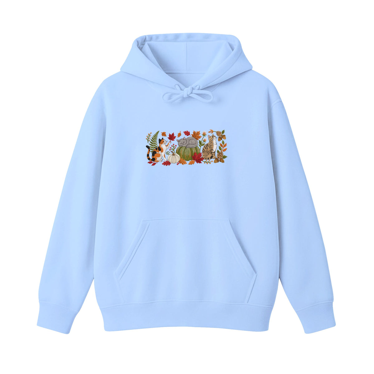 Autumn Cats Pumpkin Patch embroidered hoodie in Light Blue — chest embroidery