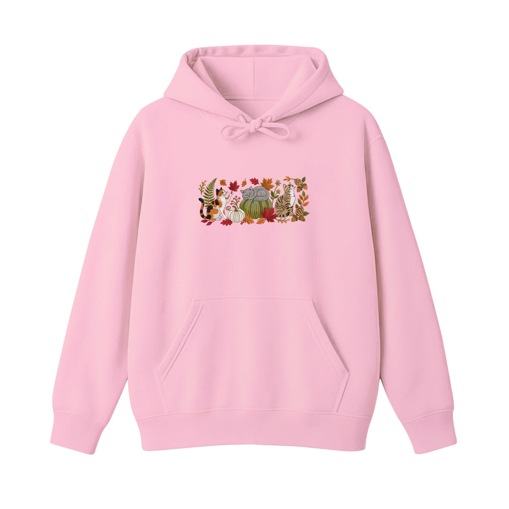 Autumn Cats Pumpkin Patch embroidered hoodie in Light Pink — chest embroidery