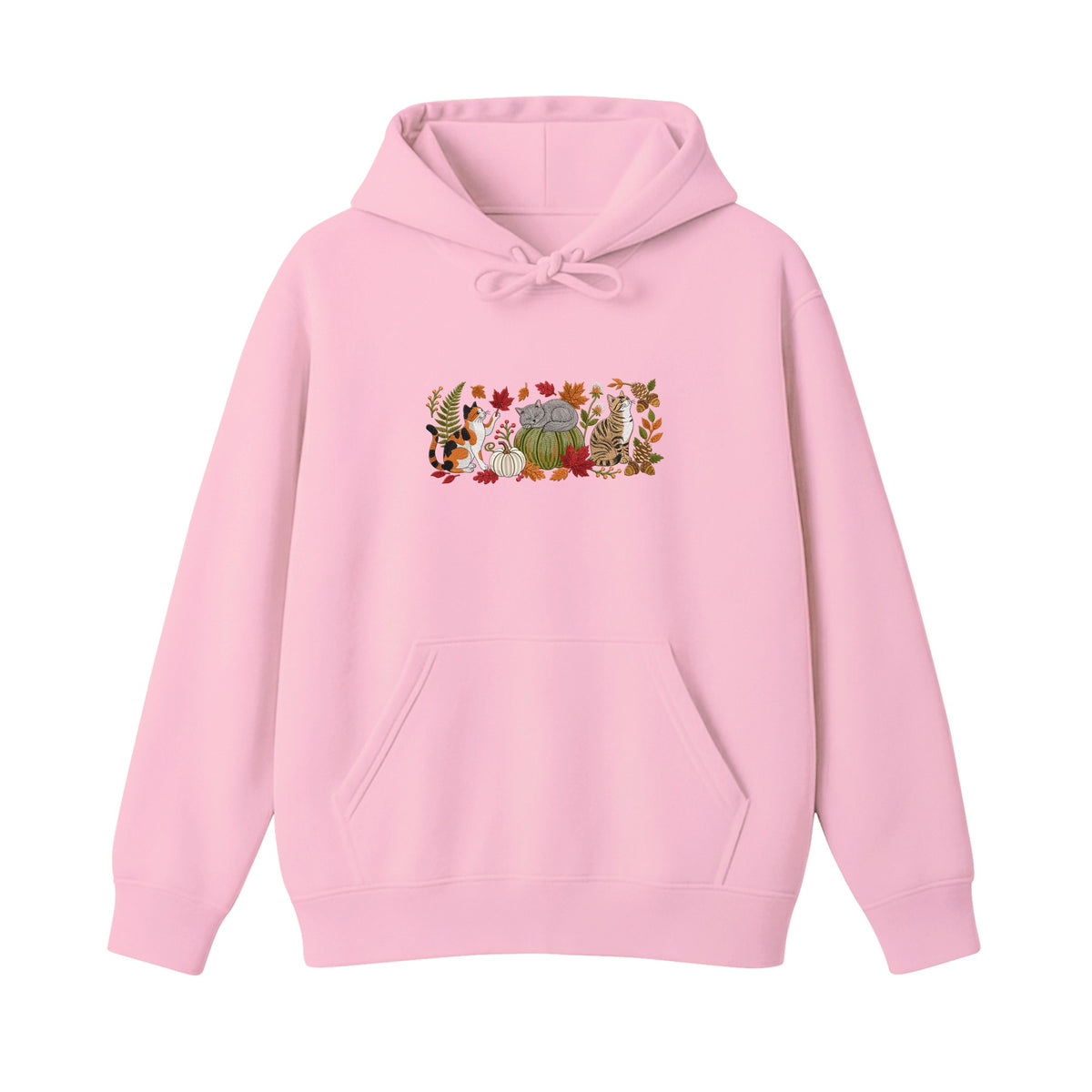 Autumn Cats Pumpkin Patch embroidered hoodie in Light Pink — chest embroidery
