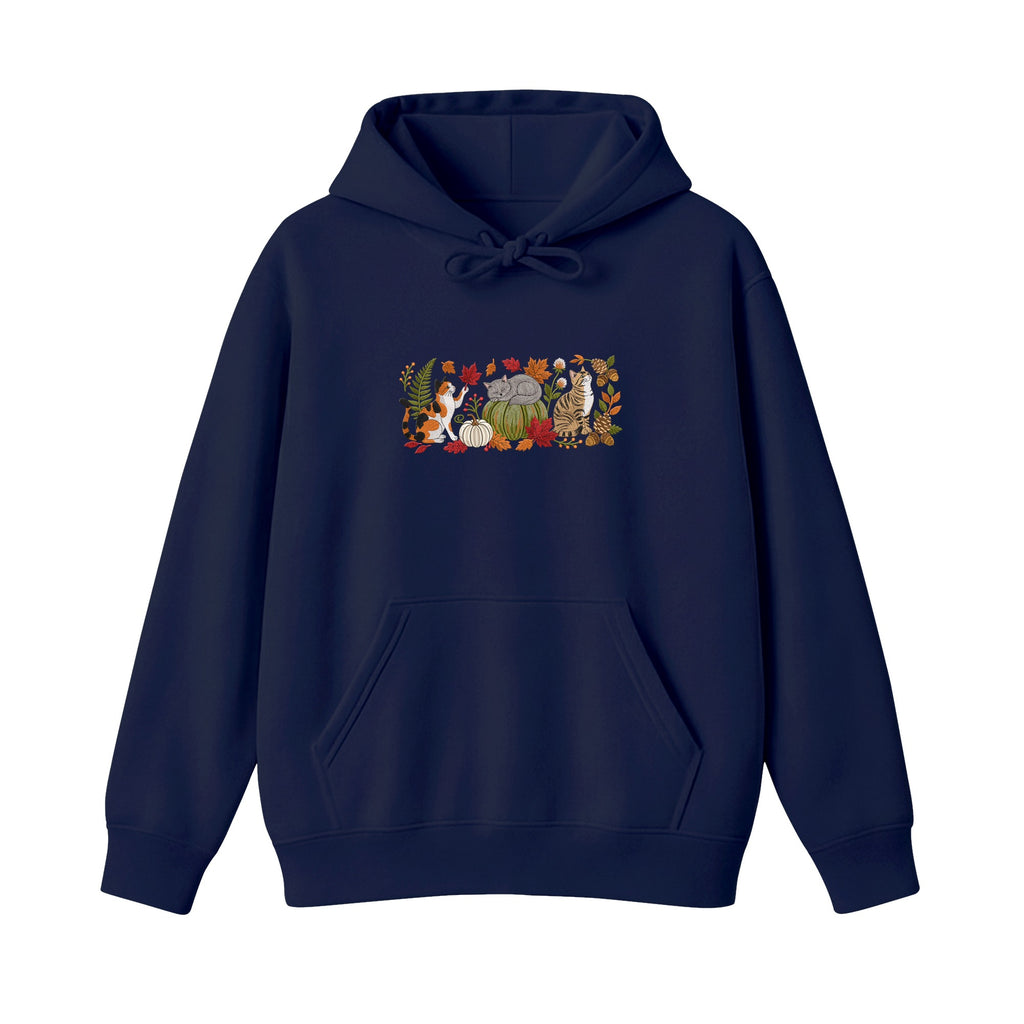 Autumn Cats Pumpkin Patch embroidered hoodie in Navy — chest embroidery