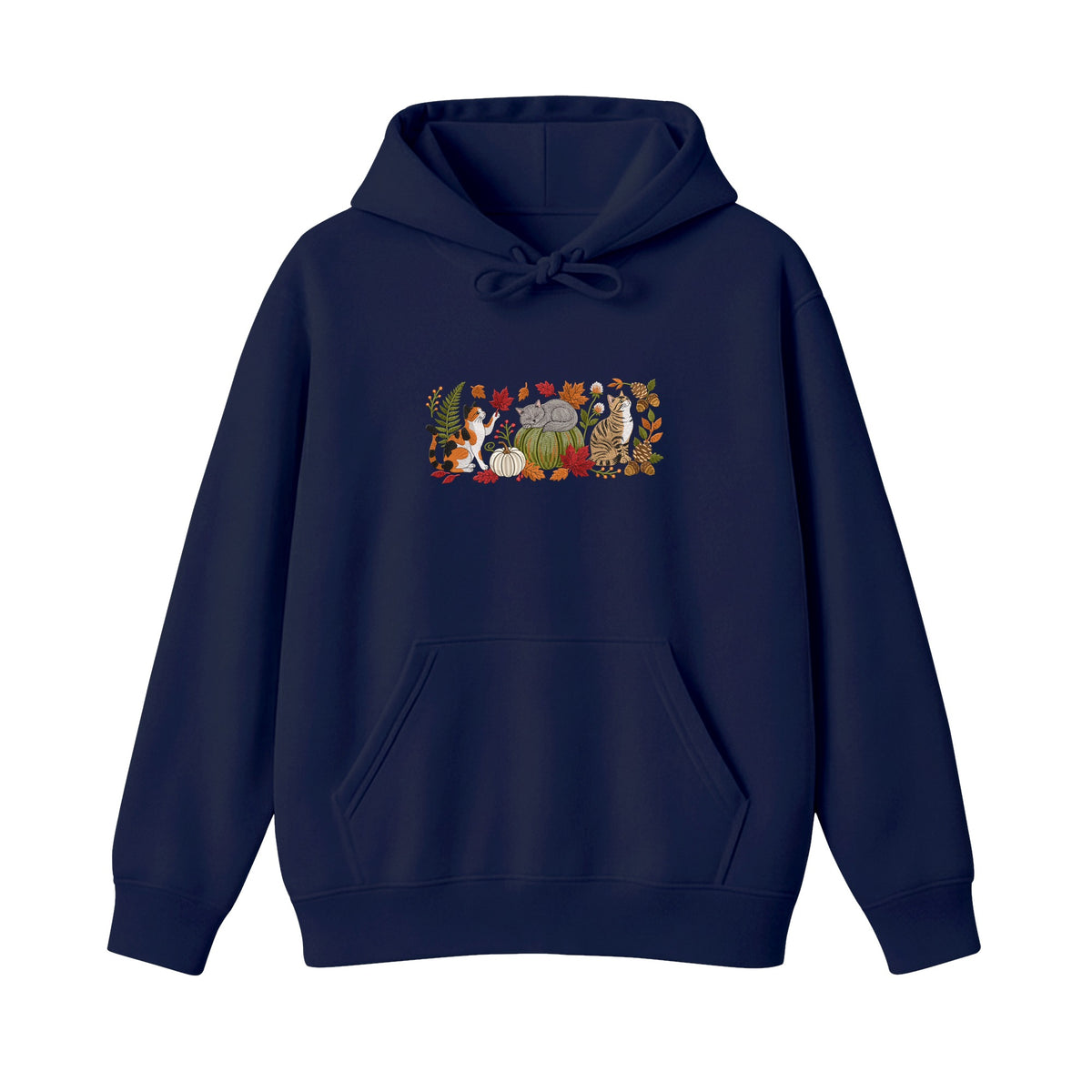 Autumn Cats Pumpkin Patch embroidered hoodie in Navy — chest embroidery