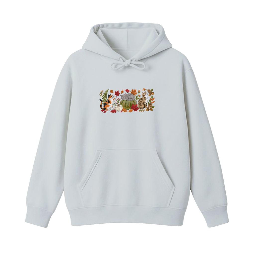 Autumn Cats Pumpkin Patch embroidered hoodie in Sports Grey — chest embroidery