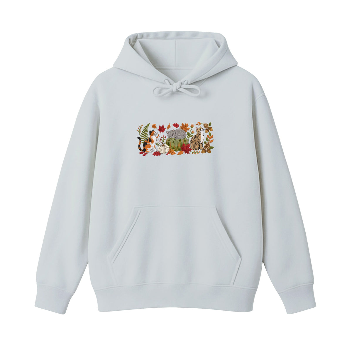 Autumn Cats Pumpkin Patch embroidered hoodie in Sports Grey — chest embroidery