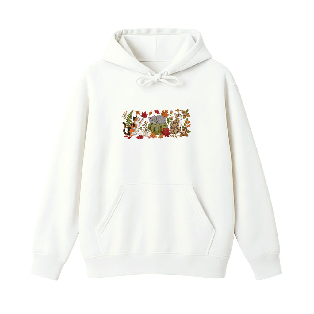 Autumn Cats Pumpkin Patch embroidered hoodie in White — chest embroidery