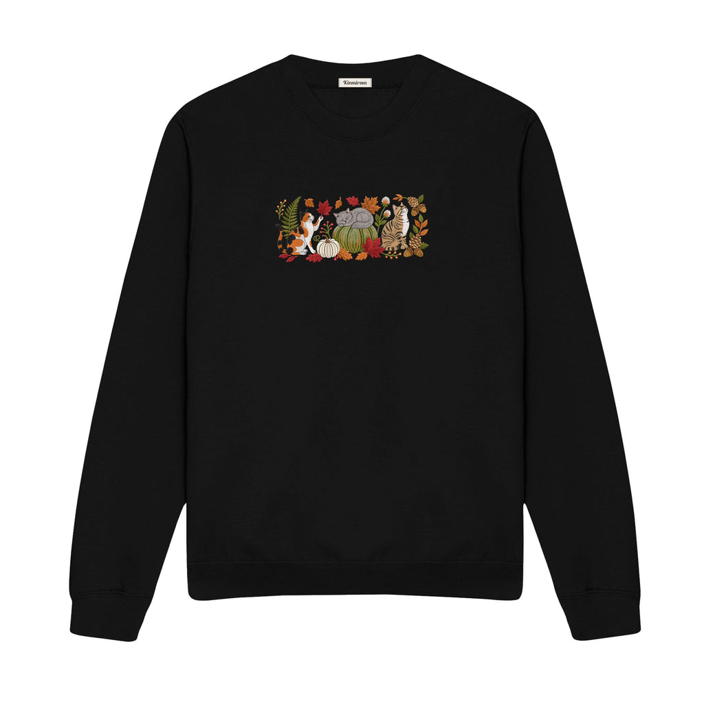 Autumn Cats Pumpkin Patch embroidered sweatshirt in Black — front view