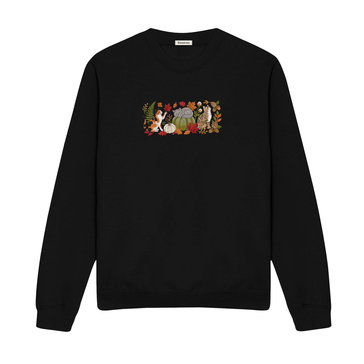 Autumn Cats Pumpkin Patch embroidered sweatshirt in Black — front view