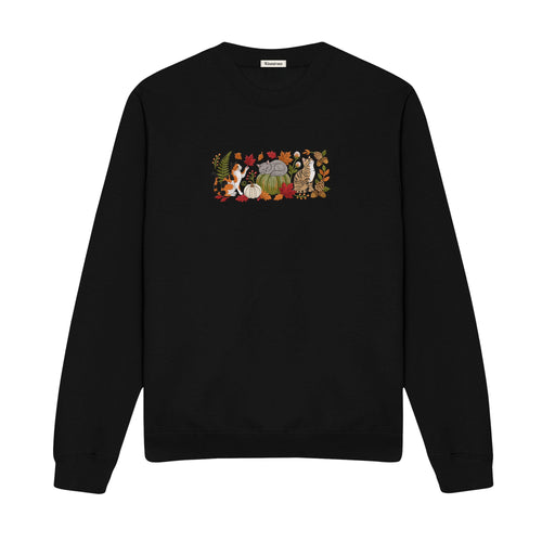 Autumn Cats Pumpkin Patch embroidered sweatshirt in Black — front view