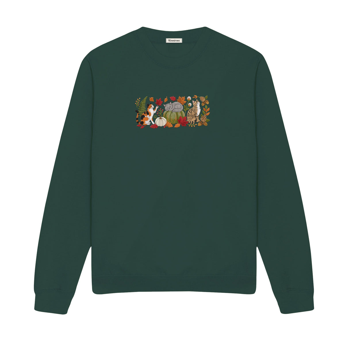 Autumn Cats Pumpkin Patch embroidered sweatshirt in Forest Green — chest embroidery