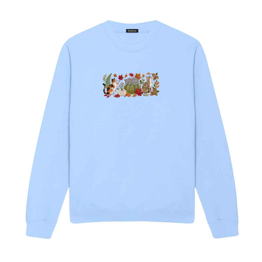 Autumn Cats Pumpkin Patch embroidered sweatshirt in Light Blue — chest embroidery