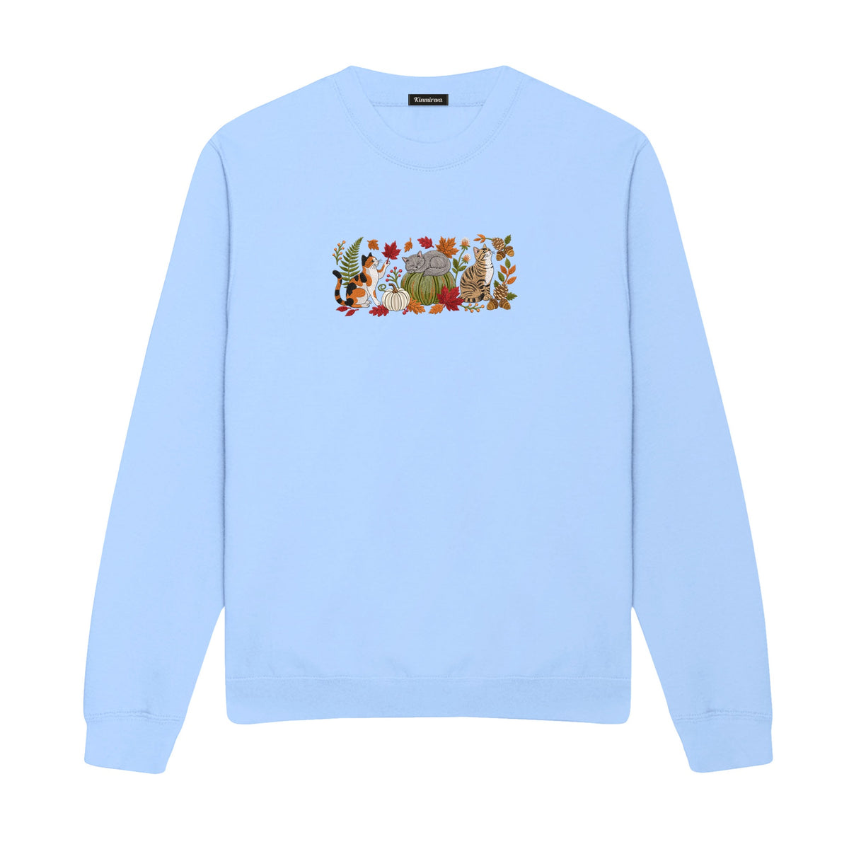 Autumn Cats Pumpkin Patch embroidered sweatshirt in Light Blue — chest embroidery