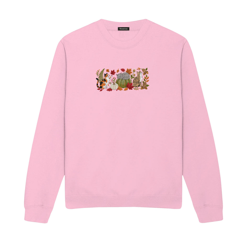 Autumn Cats Pumpkin Patch embroidered sweatshirt in Light Pink — chest embroidery