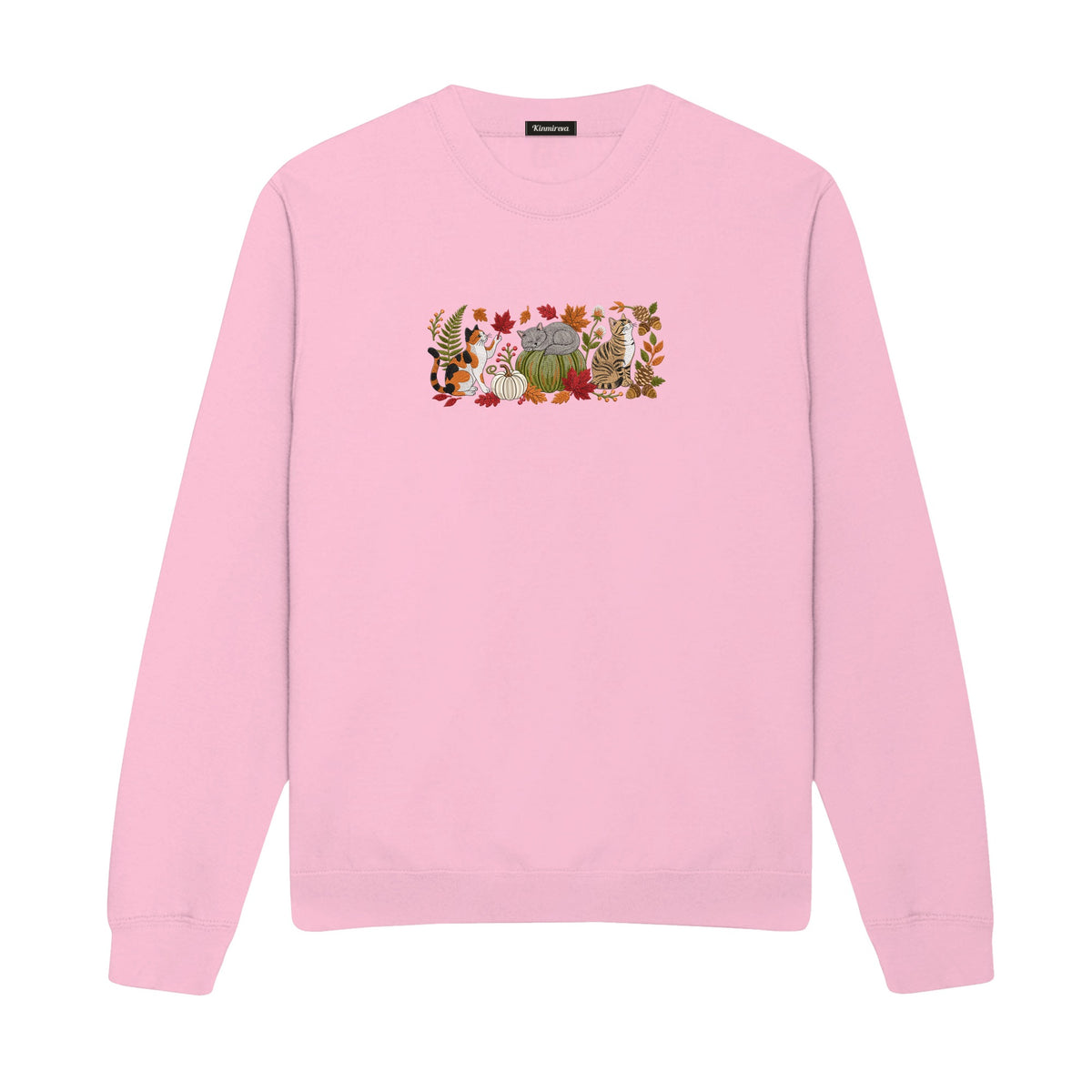 Autumn Cats Pumpkin Patch embroidered sweatshirt in Light Pink — chest embroidery