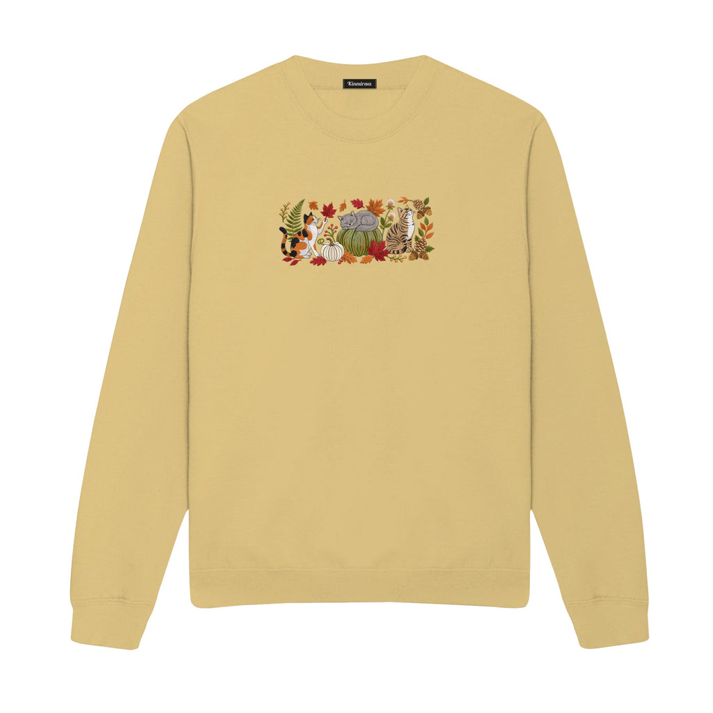 Autumn Cats Pumpkin Patch embroidered sweatshirt in Sand — chest embroidery
