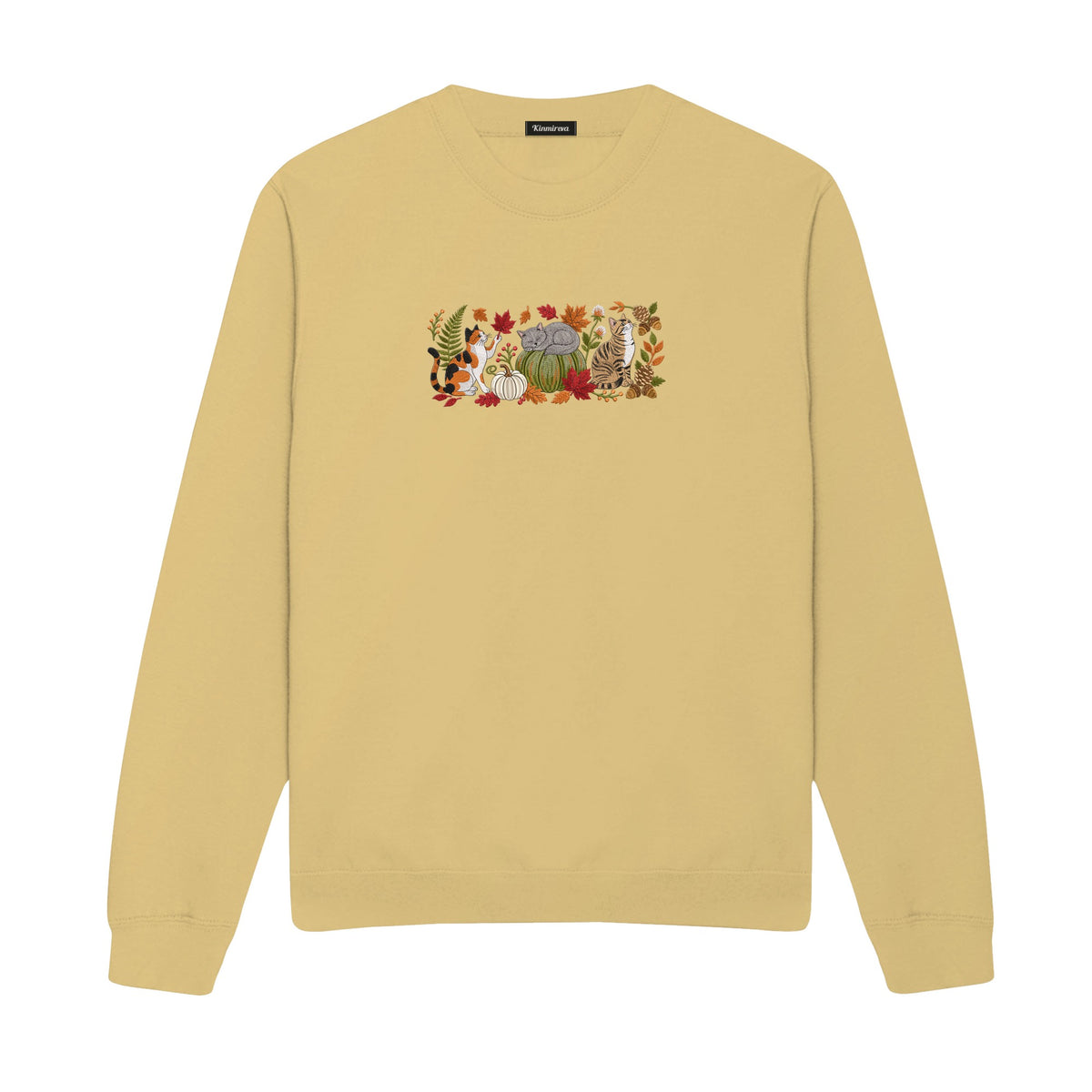 Autumn Cats Pumpkin Patch embroidered sweatshirt in Sand — chest embroidery