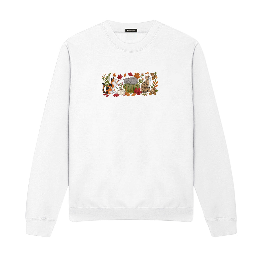 Autumn Cats Pumpkin Patch embroidered sweatshirt in White — chest embroidery