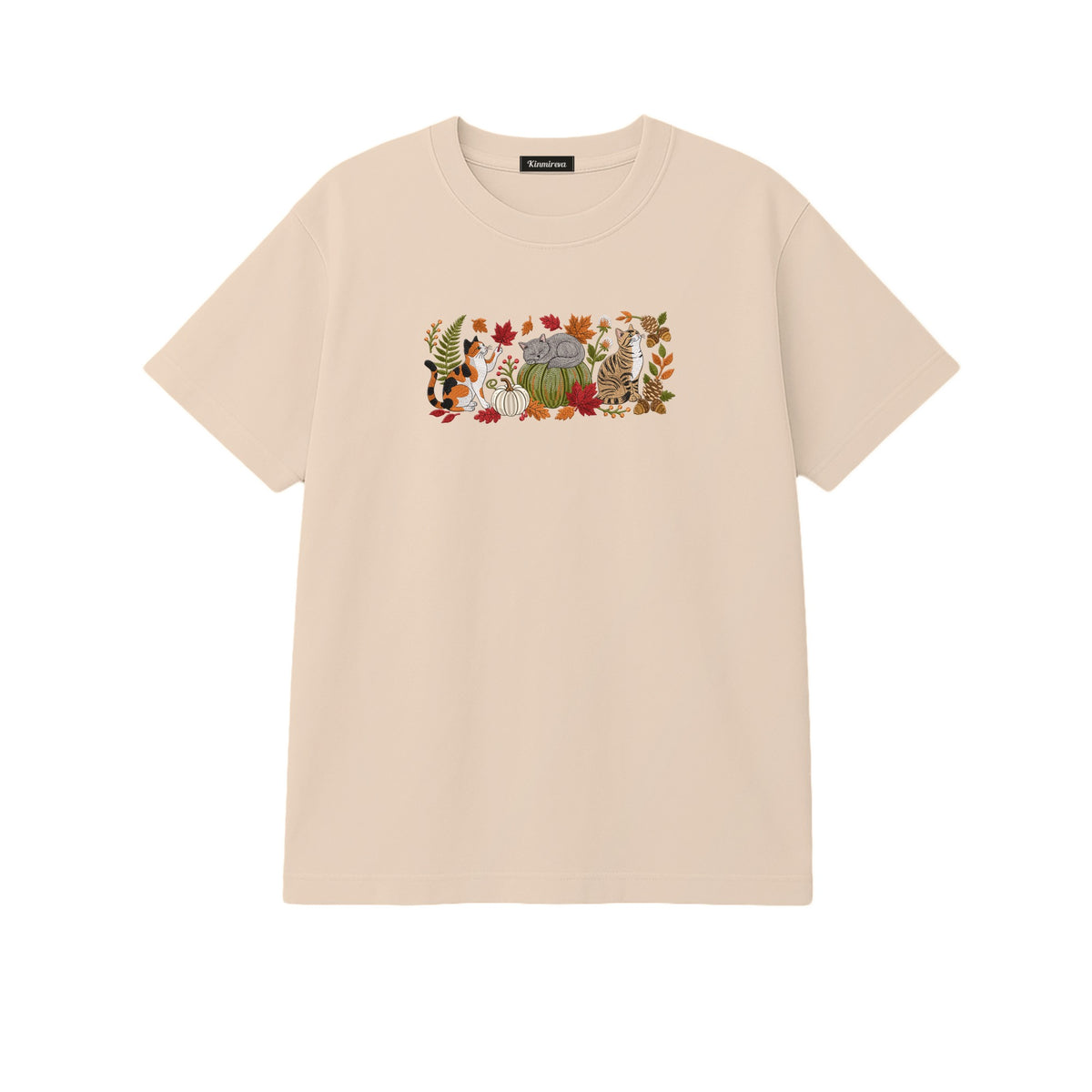 Autumn Cats Pumpkin Patch embroidered t-shirt in Beige — chest embroidery