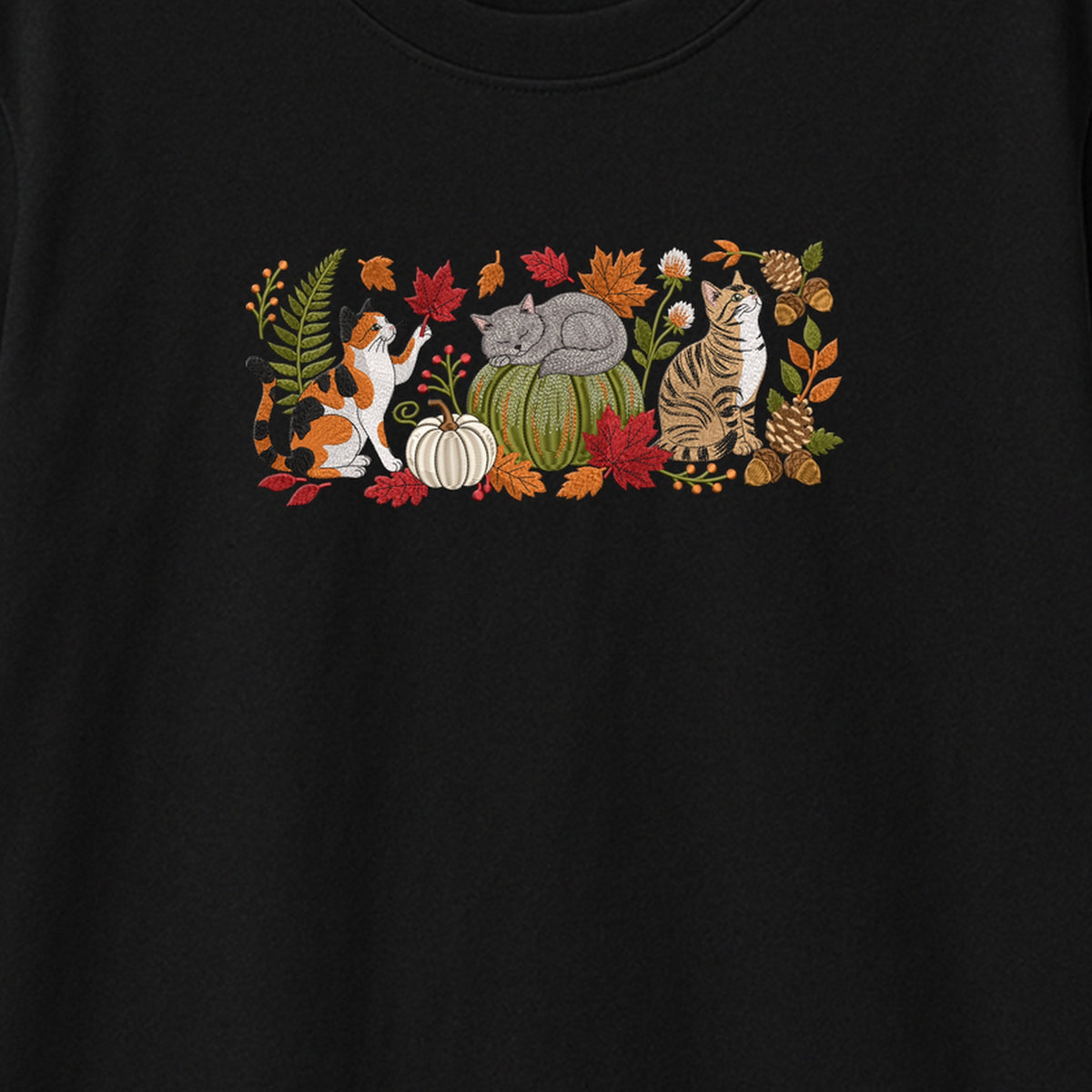 Autumn Cats Pumpkin Patch embroidered t-shirt — chest embroidery