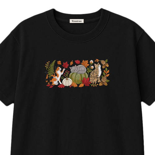 Autumn Cats Pumpkin Patch embroidered t-shirt — chest embroidery