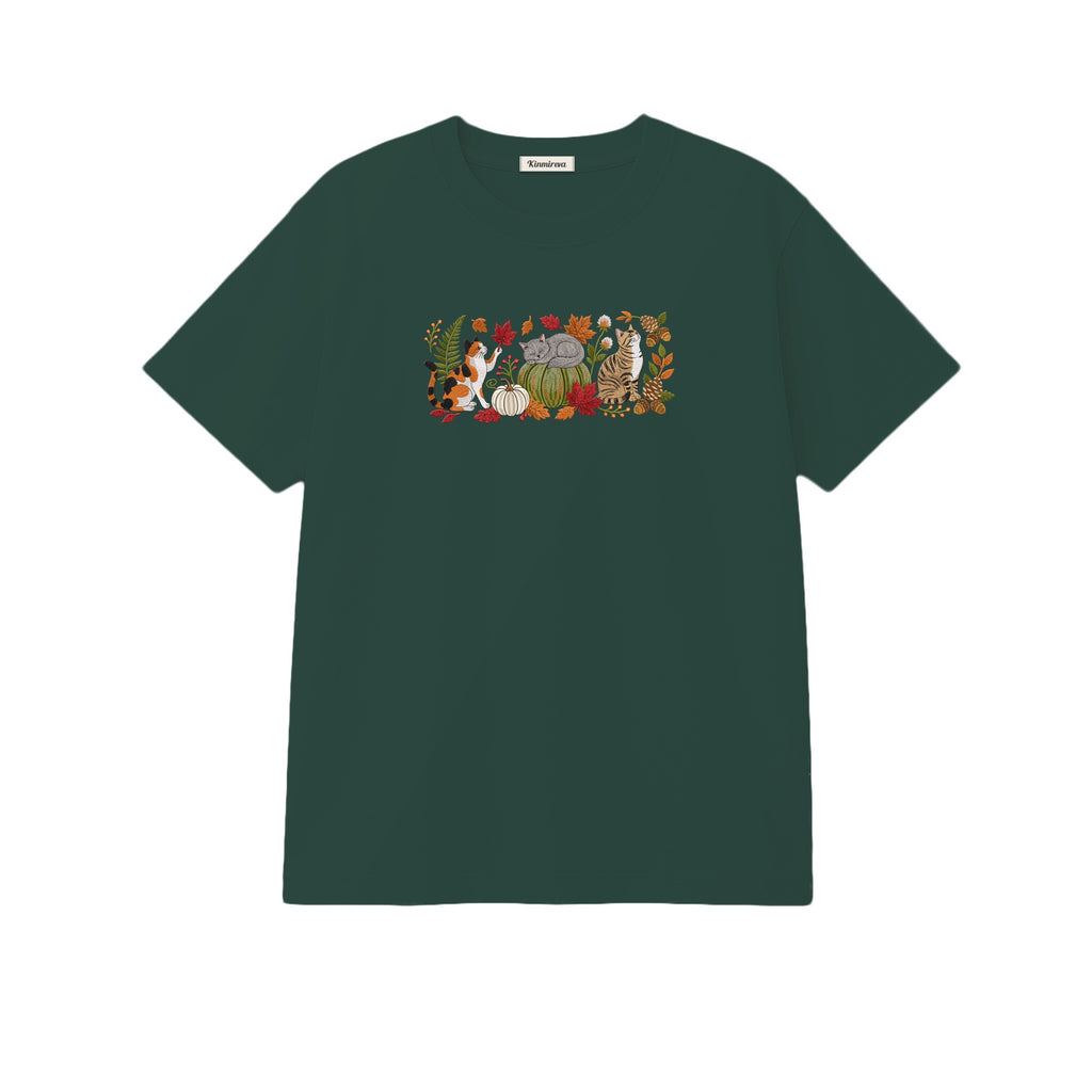 Autumn Cats Pumpkin Patch embroidered t-shirt in Forest Green — chest embroidery