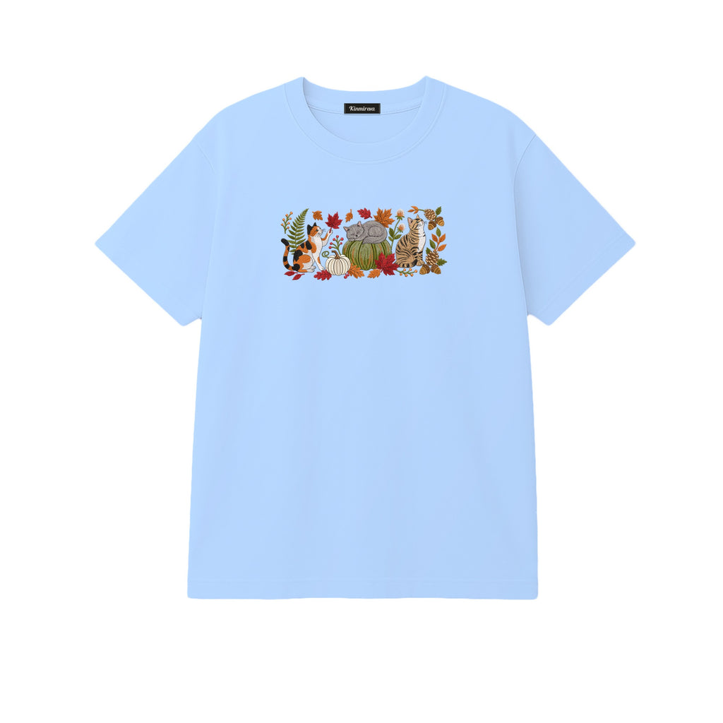 Autumn Cats Pumpkin Patch embroidered t-shirt in Light Blue — chest embroidery