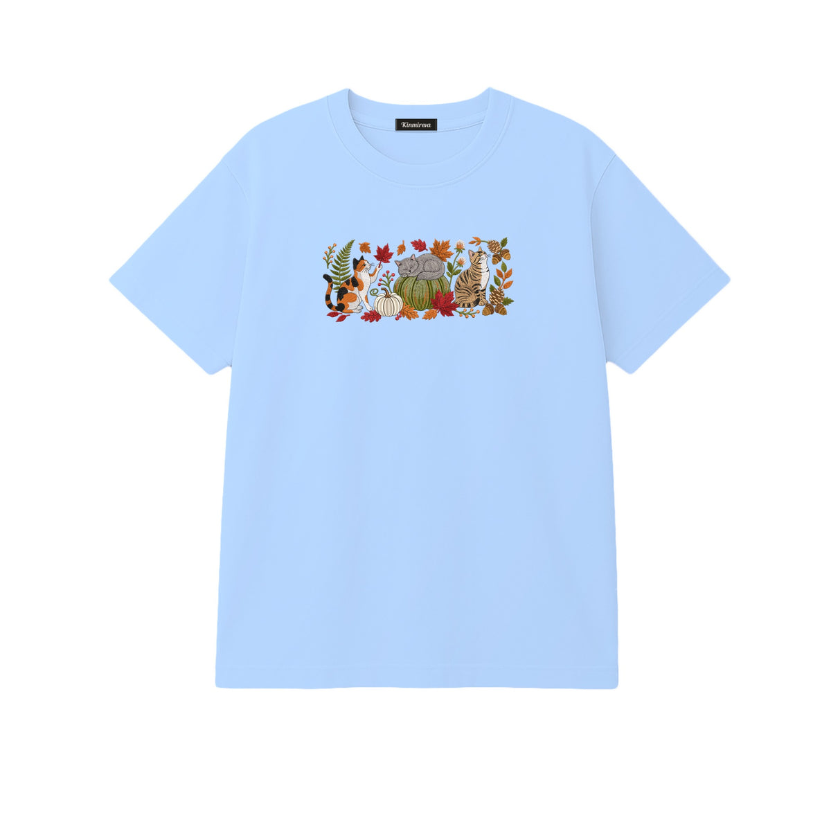 Autumn Cats Pumpkin Patch embroidered t-shirt in Light Blue — chest embroidery