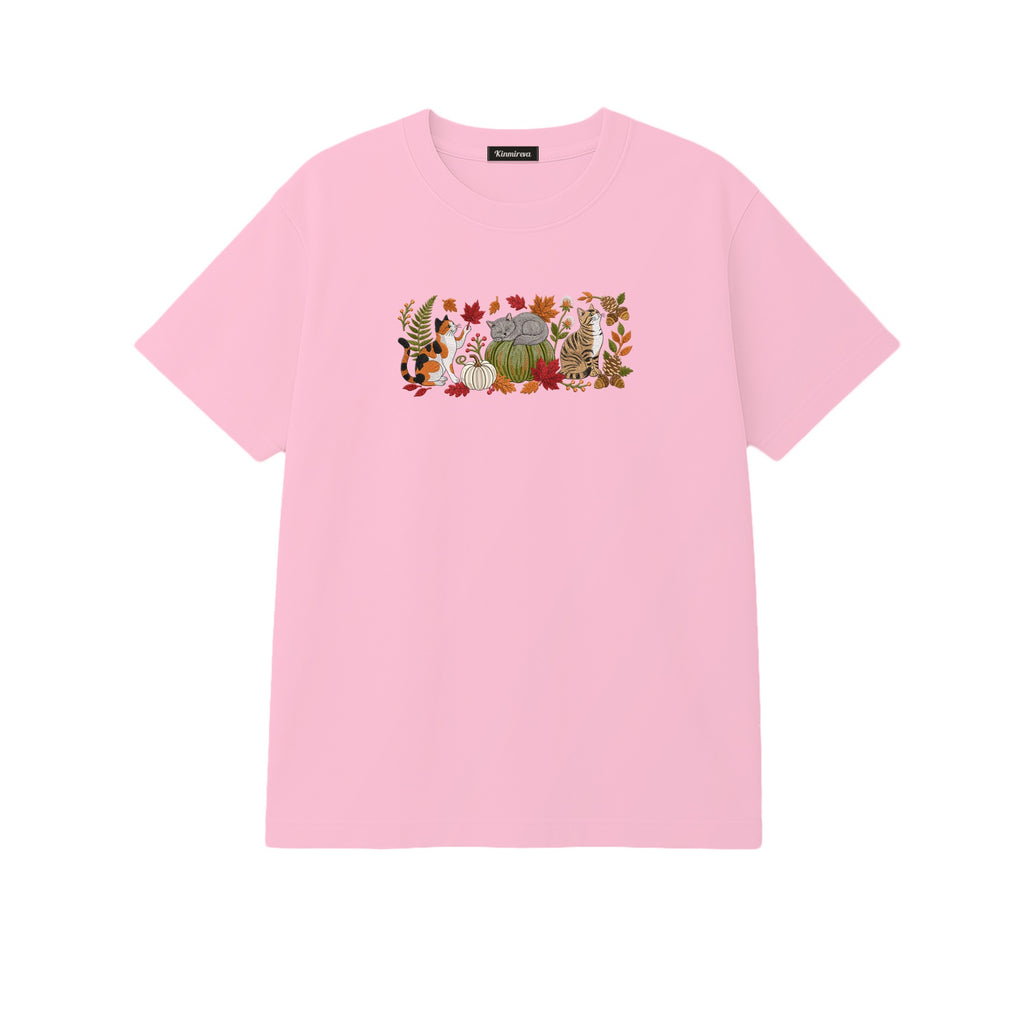 Autumn Cats Pumpkin Patch embroidered t-shirt in Light Pink — chest embroidery