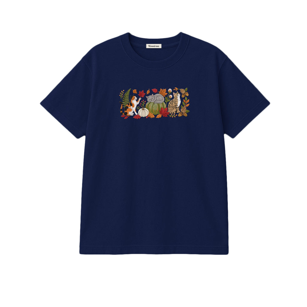 Autumn Cats Pumpkin Patch embroidered t-shirt in Navy — chest embroidery