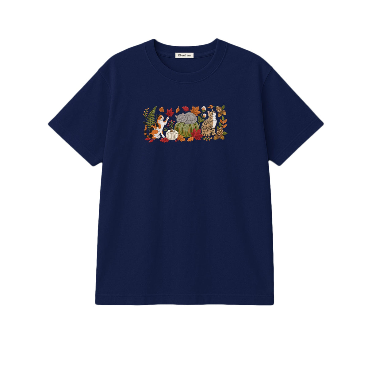 Autumn Cats Pumpkin Patch embroidered t-shirt in Navy — chest embroidery