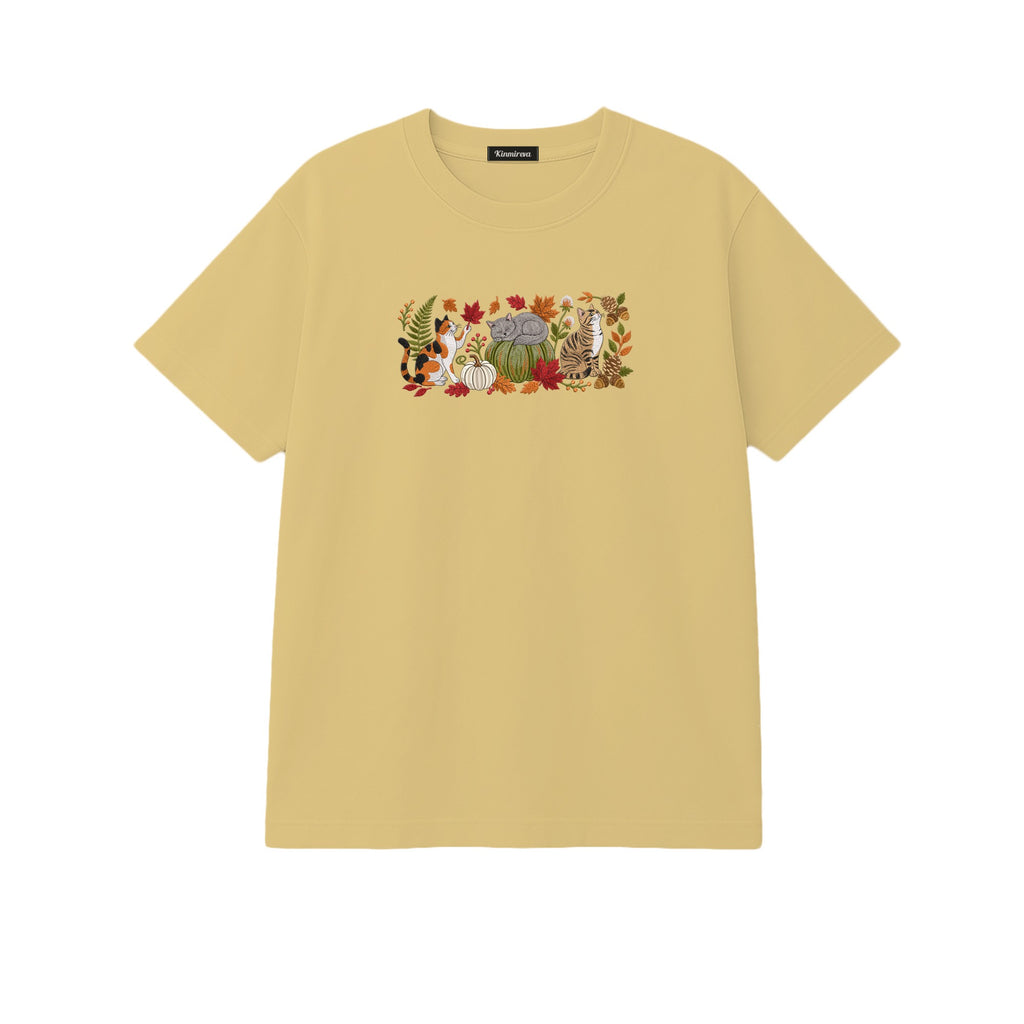 Autumn Cats Pumpkin Patch embroidered t-shirt in Sand — chest embroidery