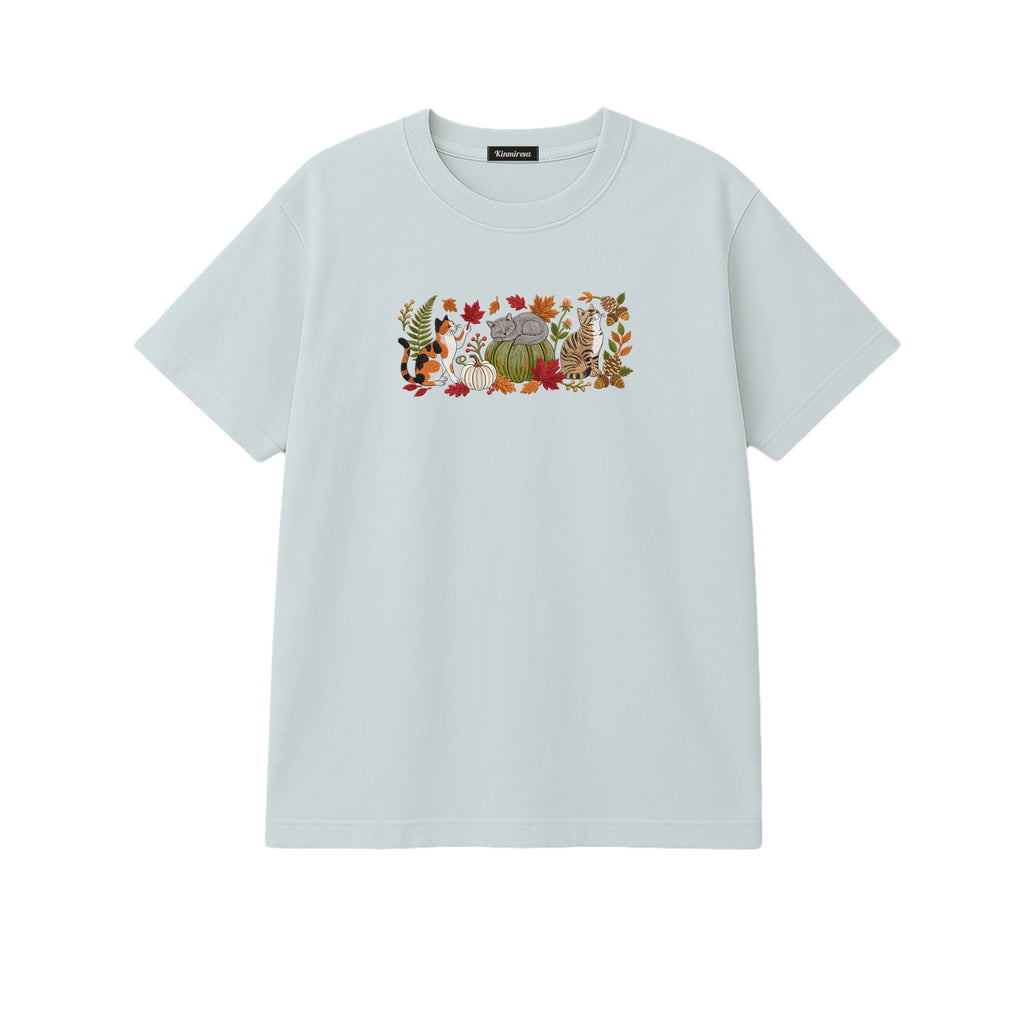 Autumn Cats Pumpkin Patch embroidered t-shirt in Sports Grey — chest embroidery