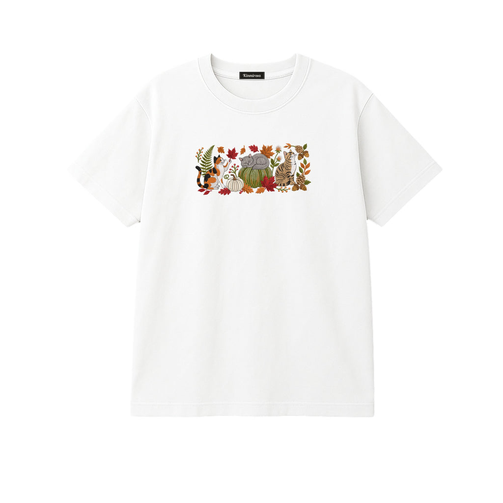 Autumn Cats Pumpkin Patch embroidered t-shirt in White — chest embroidery