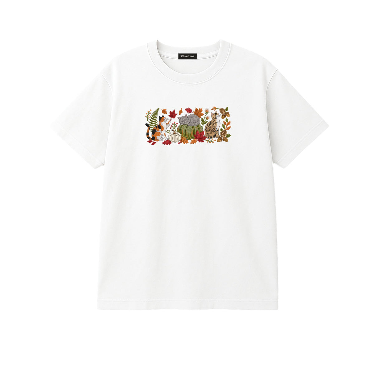 Autumn Cats Pumpkin Patch embroidered t-shirt in White — chest embroidery