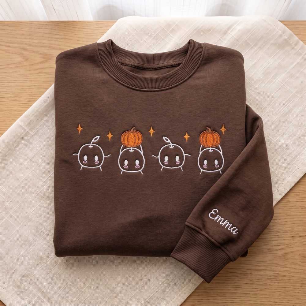 Personalized Cute Kawaii Sprout Characters Pumpkin Fall embroidered sweatshirt — front view