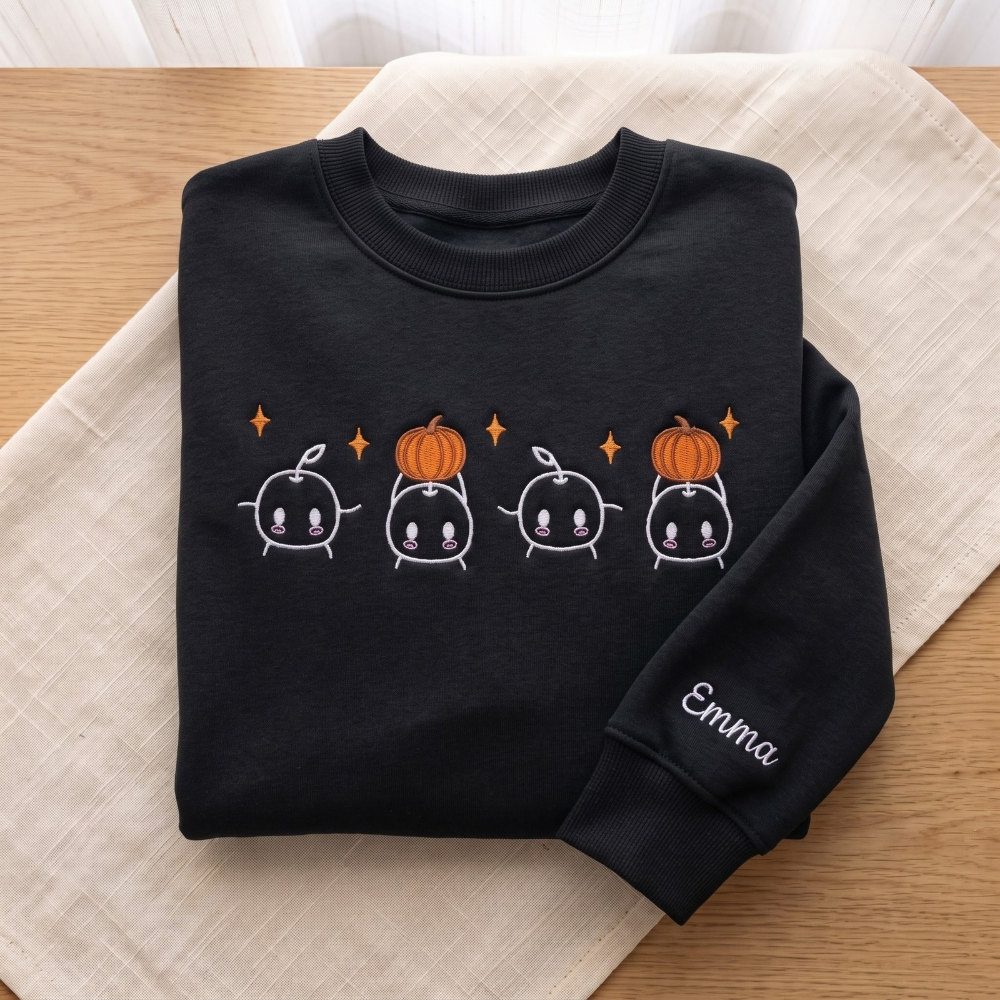 Personalized Cute Kawaii Sprout Characters Pumpkin Fall embroidered sweatshirt — front view
