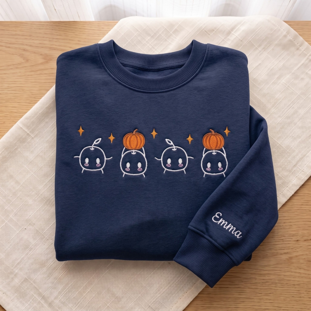 Personalized Cute Kawaii Sprout Characters Pumpkin Fall embroidered sweatshirt — front view