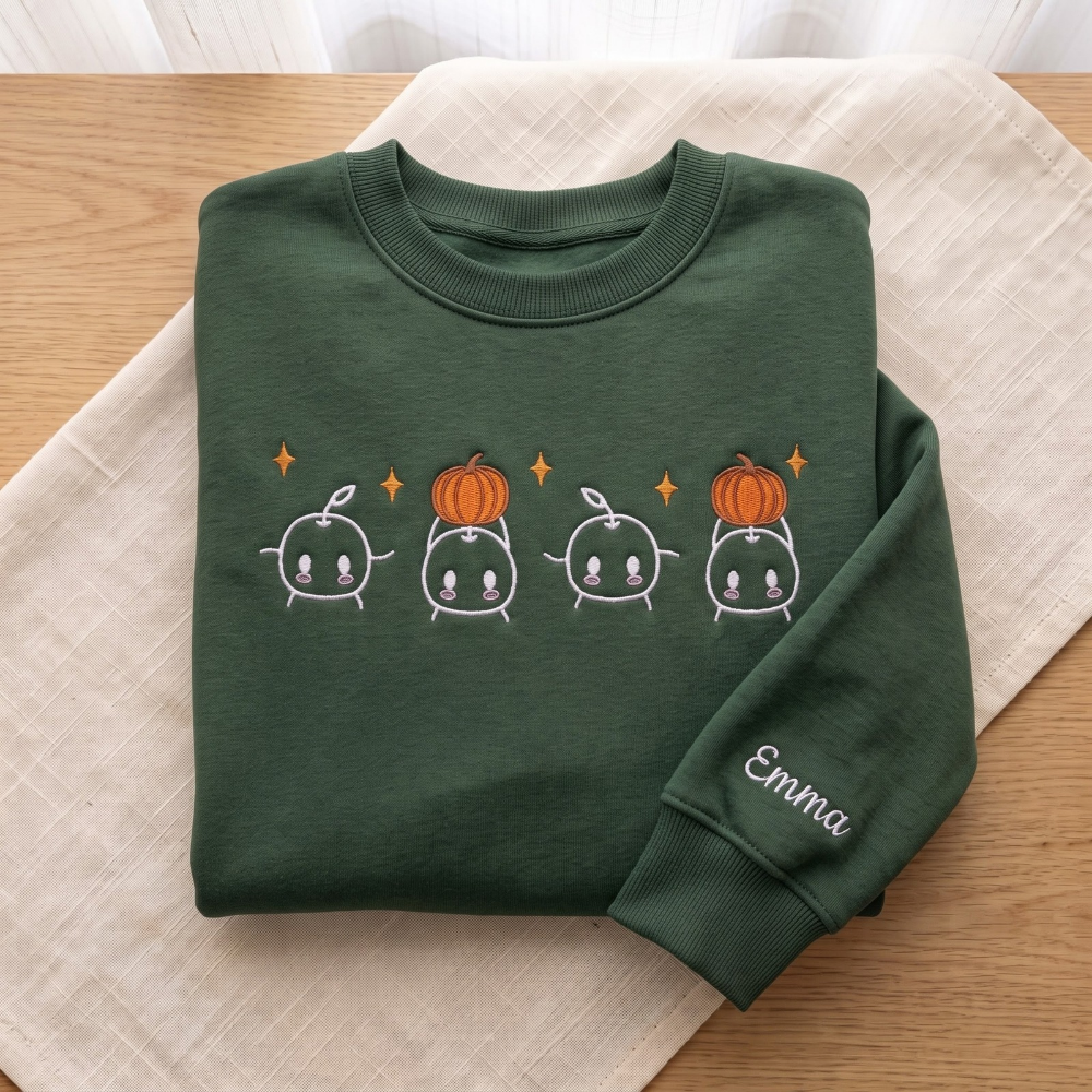 Personalized Cute Kawaii Sprout Characters Pumpkin Fall embroidered sweatshirt — front view