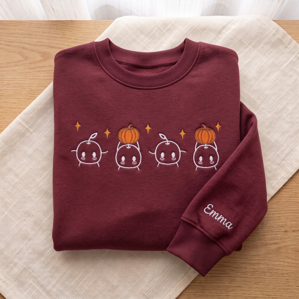 Personalized Cute Kawaii Sprout Characters Pumpkin Fall embroidered sweatshirt — front view