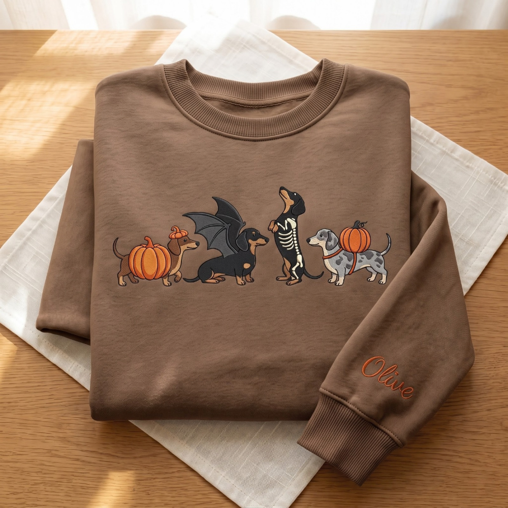 Personalized Halloween Dachshund Costumes Pumpkin Bat Wings Skeleton embroidered sweatshirt — front view